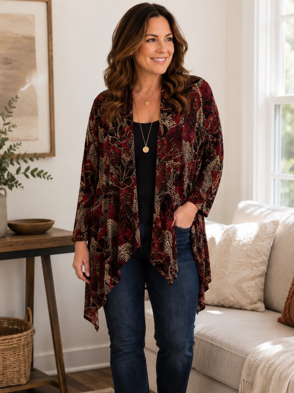 Women’s Lightweight Floral Open Front Cardigan | Boho Burgundy Layering Piece